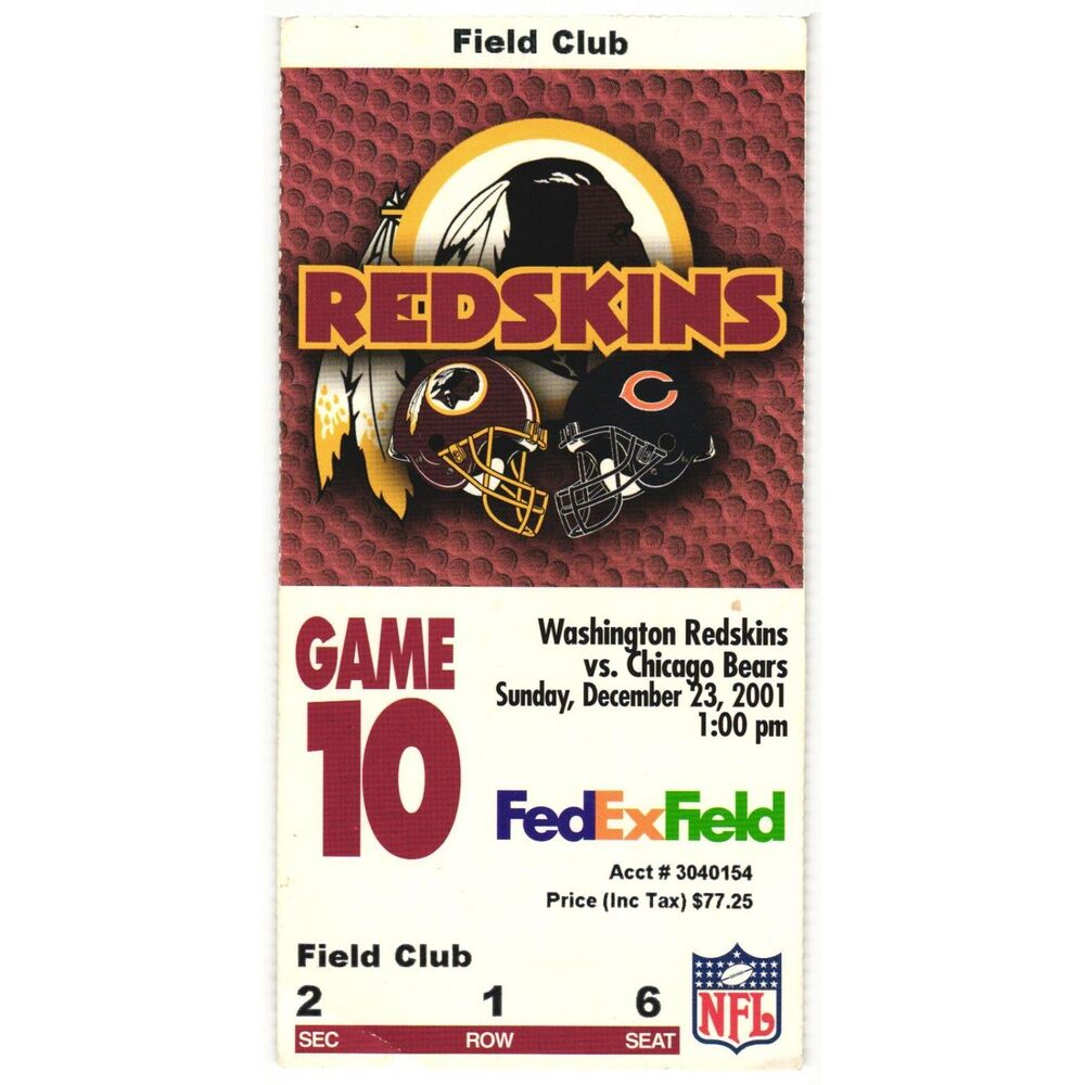 Vintage 2001 Washington Redskins Chicago Bears NFL Football Ticket Stub